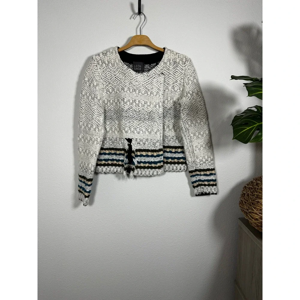 LEO AND SAGE Textured Geometric Knit Moto Cardigan Jacket Ivory‎ Black Teal Sz M